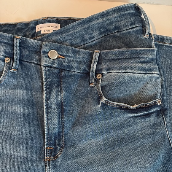 Good American crossover waist asymmetrical waist straight leg indigo blue jeans - Picture 3 of 16